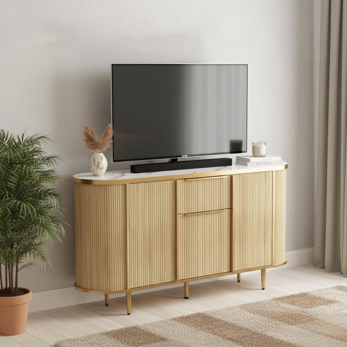 Oslo Luxe Dressoir met 3 Deuren en Lade – Moderne Opbergkast met Metalen Poten – Houtlook Commode / Buffetkast voor Woonkamer, Eetkamer en Hal – 140 x 39 x 80 cm Novihome