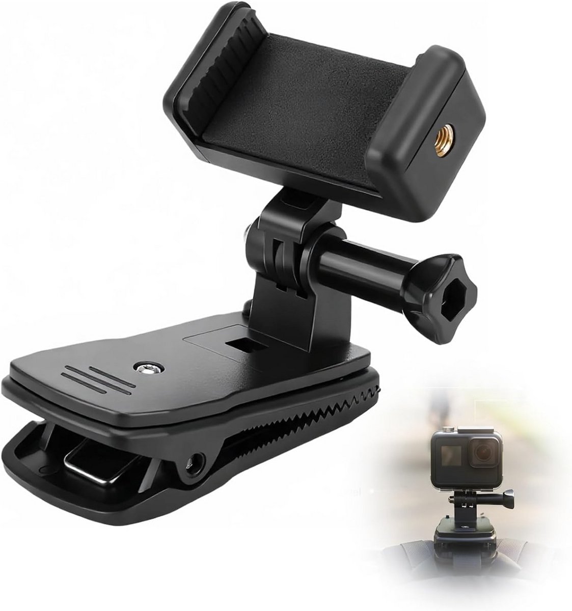 Rugzakclip Camera - Camera Houder - Vloggen Reizen - 360 Graden Rotatie - 8.7 x 4.5 cm - Zwart