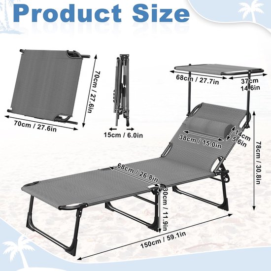 Opvouwbare Zonligstoel - Met Zonnedak - Verstelbare Rugleuning - Ergonomisch - Tuinligstoel - Metalen Frame - Oxford Stof - Draagbaar - Ligstoel - Voor Camping, Strand, Balkon En Kantoor - Zwart - NAIZY — afbeelding 2
