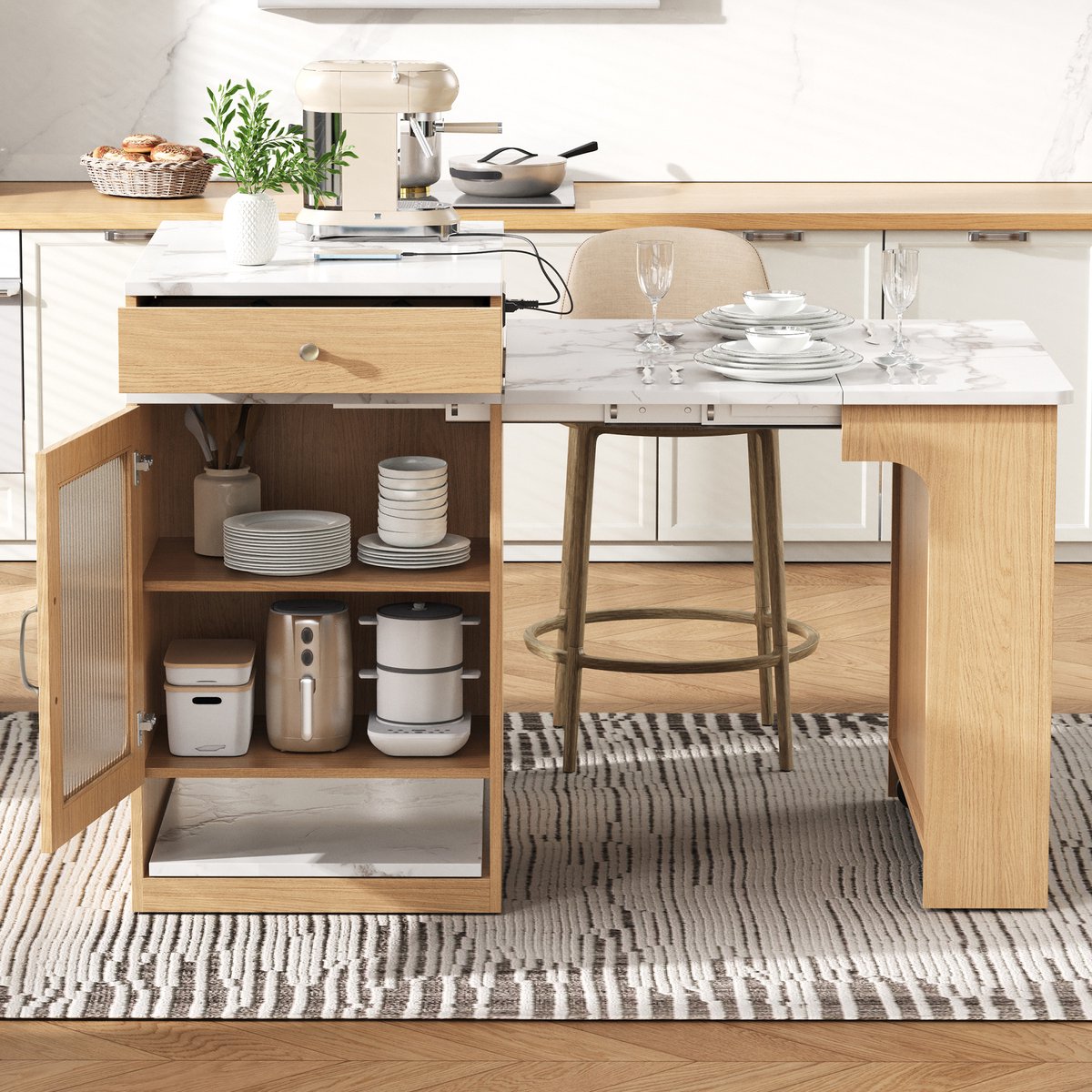 MODFU Keukeneiland Met Uitschuifbare Eettafel En Wielen - Minimalistisch - Voor Keuken En Eetkamer - MDF En Glas - Naturel Natuurlijk