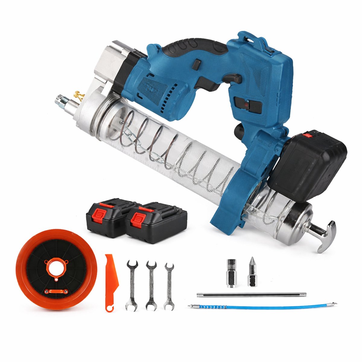 Elektrische Vetspuit - Borstelloze Motor - 960W Vermogen - 10000PSI - 69MPa Hogedruk - Draadloos Vetpistool - Smeermiddel Injector - 50cm Explosieveilige Slang - Ingebouwde Werklamp - Antislipgreep - Opbergkoffer - 2 Batterijen