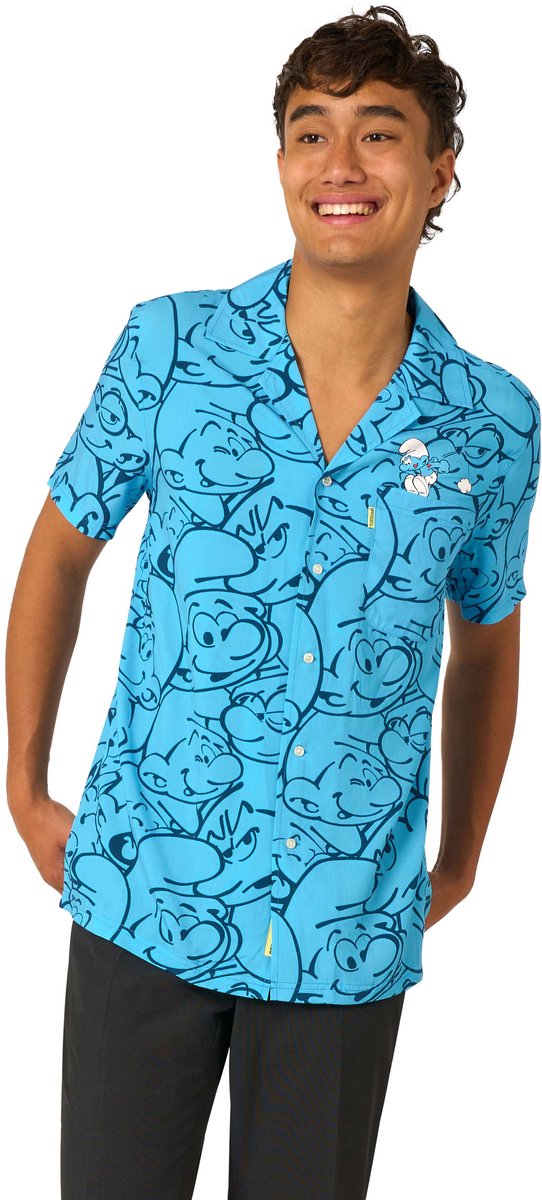 OppoSuits Shirt - The Smurfs Smurftastic - Heren Overhemd - Korte Mouwen - Blauw - Maat XS