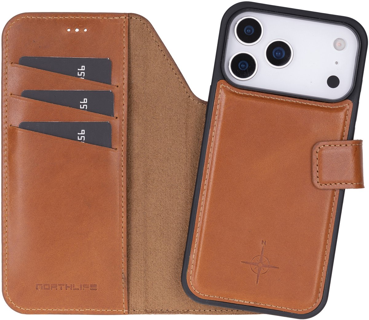 NorthLife Geschikt voor iPhone 17 Pro - Leren Afneembare 2-in-1 bookcase telefoonhoes - Cognac
