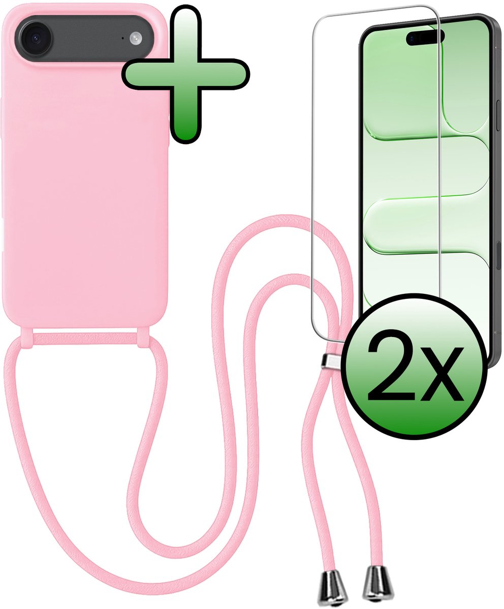 Hoes Geschikt voor iPhone Air Hoesje Met Koord Met 2x Screenprotector - Telefoonhoesje Geschikt voor iPhone Air Backcover Met Afneembaar Koord - Lichtroze