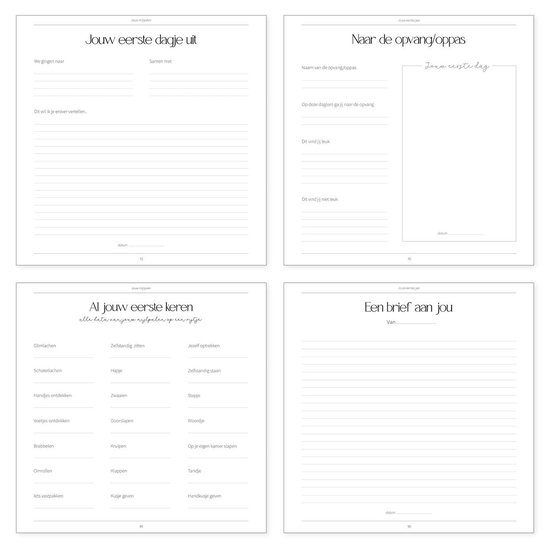 Invulboek met de titels 'Jouw eerste dagje uit', 'Naar de opvang/oppas', 'Al jouw eerste keren', 'Een brief aan jou'.