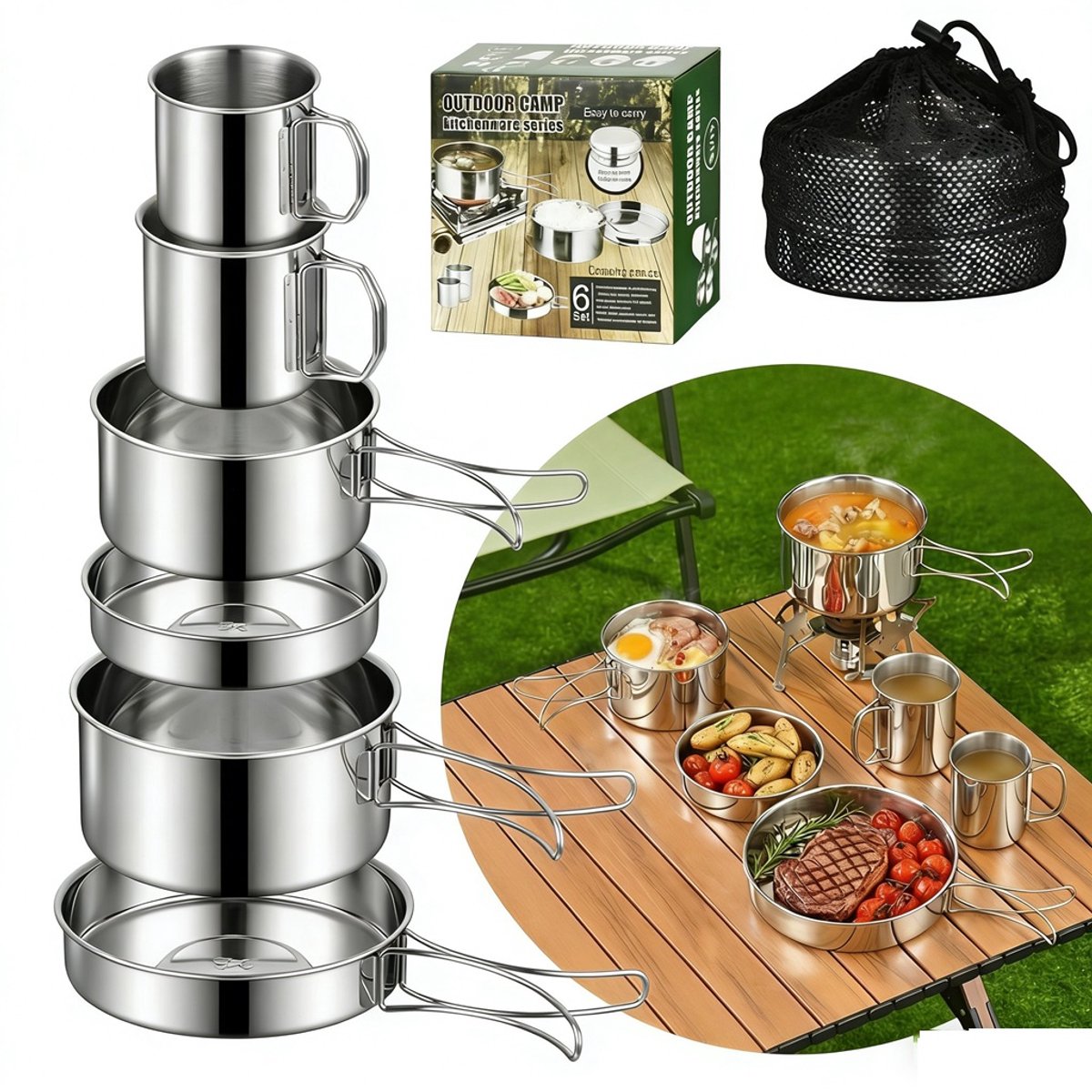 Opvouwbare campingpannen set (6-delig)- Camping Kookset 2-3 Personen – RVS 304 – Opvouwbaar & Lichtgewicht – Inclusief Pannen, Koekenpan, Bekers & Opbergtas