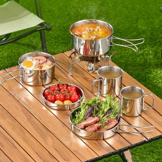 Opvouwbare campingpannen set (6-delig)- Camping Kookset 2-3 Personen - RVS 304 - Opvouwbaar & Lichtgewicht - Inclusief Pannen, Koekenpan, Bekers & Opbergtas van Merkloos — afbeelding 5