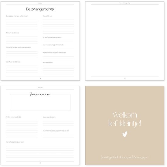 Pagina's uit een babyboek over 'De zwangerschap' en 'Jouw naam', met een kaft met 'Welkom lief kleintje!'.