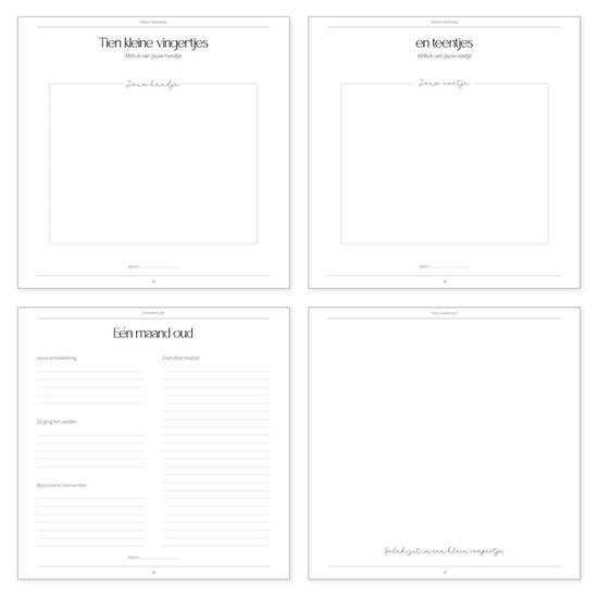 Pagina's uit een babyboek voor een hand- en voetafdruk, met titels als 'Tien kleine vingertjes' en 'Één maand oud'.