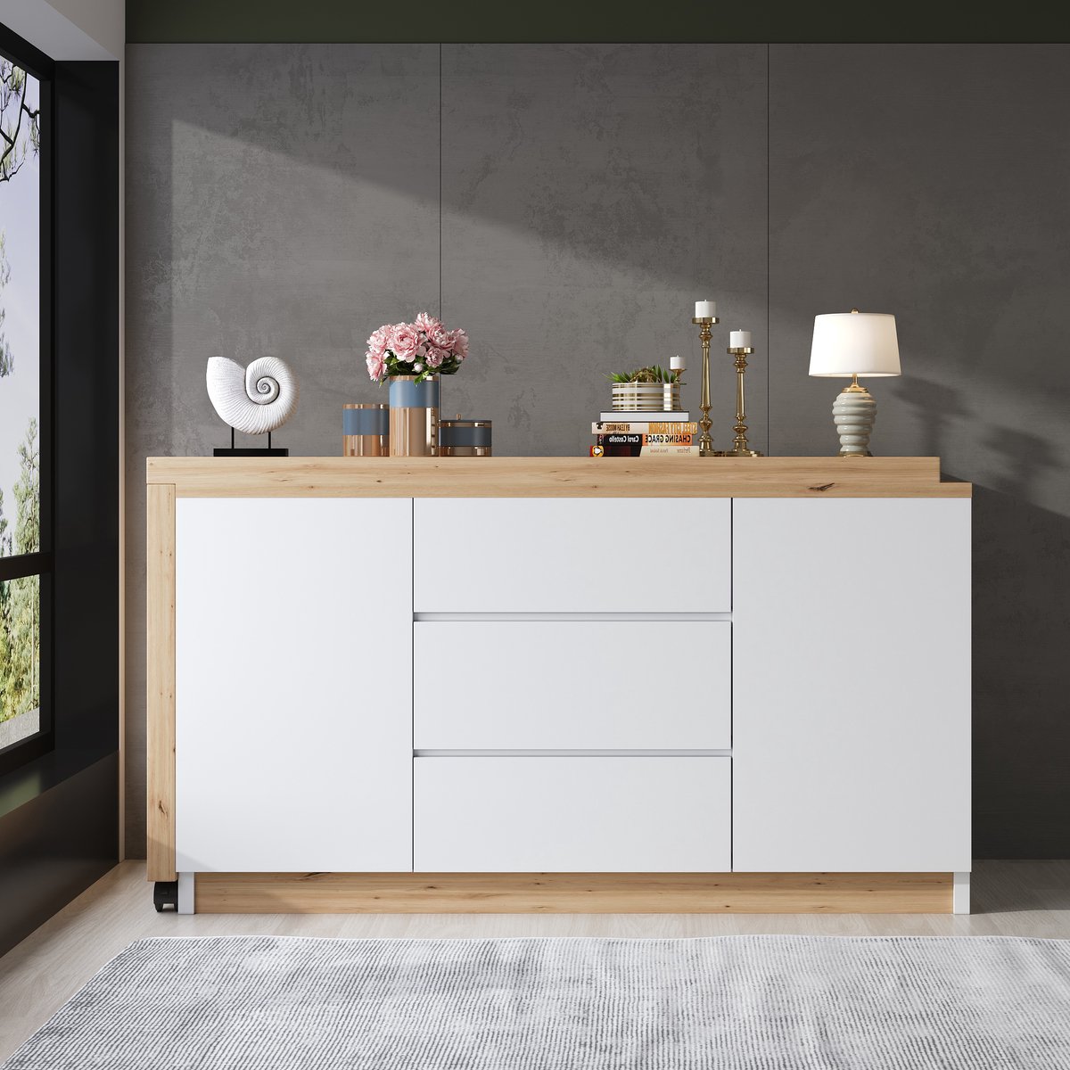 MODFU Bureau - Draaibaar En Inklapbaar - Met Opbergruimte - Wit En Eikenkleur - Spaanplaat - 120 X 50 X 76,5 Cm Eiken+Wit