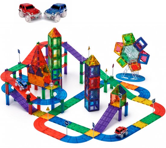 Magnetic tiles racebaan - 110 stuks - Magnetische tegels - Speelgoed - Constructiespeelgoed - Magneet tegels - Montessori - Met 2 magna auto's