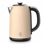 Beige waterkoker met chromen accenten en zwarte handgreep.