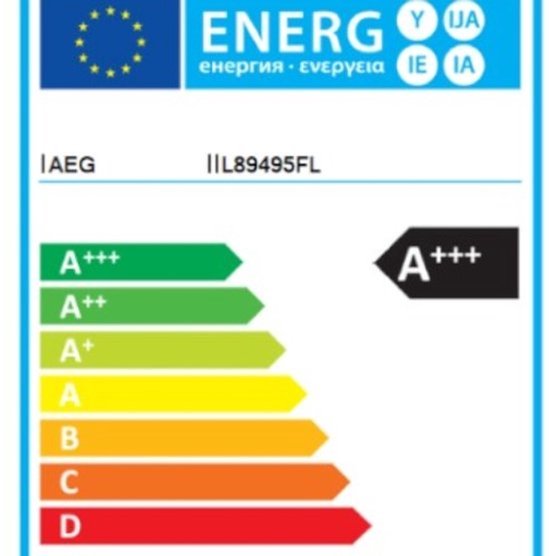 Energie-etiket met de klassen A+++ tot D. AEG IIL89495FL. A+++ in zwart.