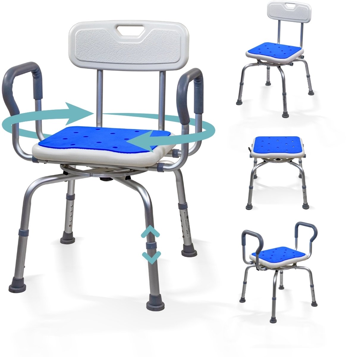 Mobiclinic Akila - Draaibare Douchestoel - 360º - Badkamerstoel - In hoogte verstelbaar - Aluminium - Antislip - Licht en robuust - Gewatteerde zitting - Armleuningen - Wit en blauw