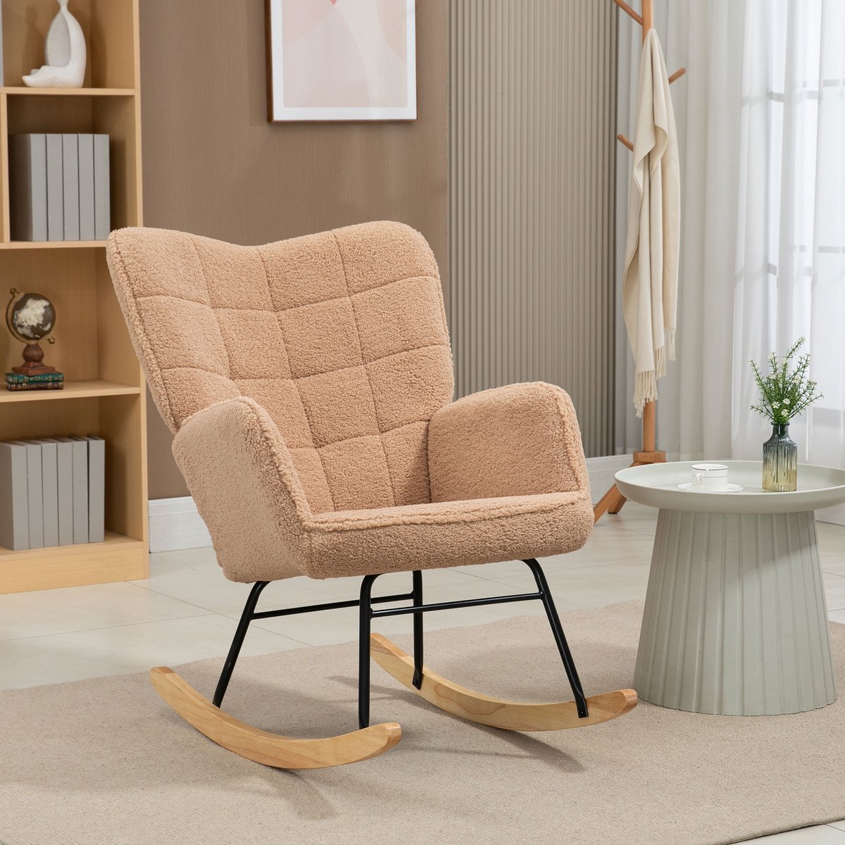 REDOM Schommelstoel - Hoge Rugleuning En Armleuningen - Elegant - Voor Woonkamer Of Slaapkamer - Polyester - Bruin