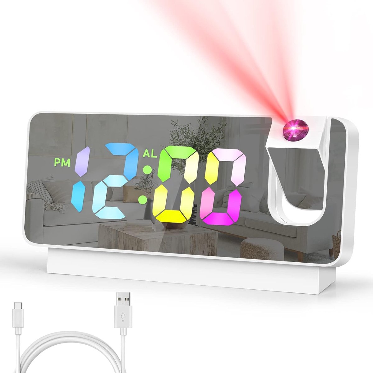 Projectiewekker Kamer - Digitale Klok - Wakker Worden - 180 Graden Projectie - 75 Inch - Wit