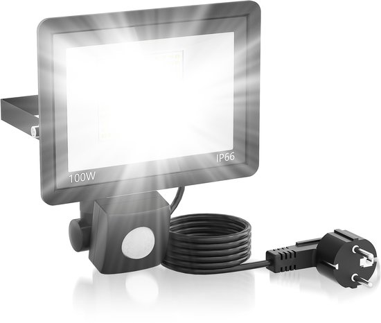 Zwarte 100W LED schijnwerper met bewegingssensor, IP66, en stekker.