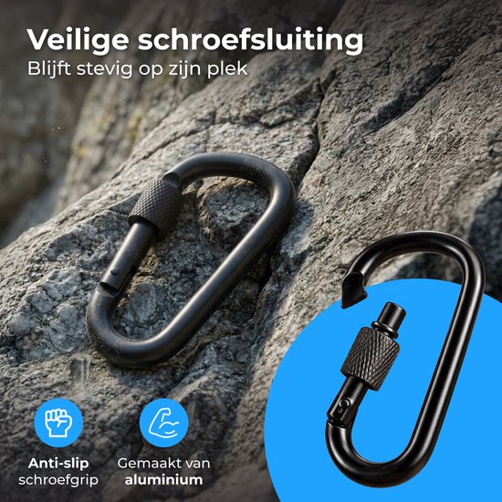 Zwarte karabijnhaak met anti-slip schroefgrip, op een rotsachtige achtergrond. Een tweede is opengeklapt.