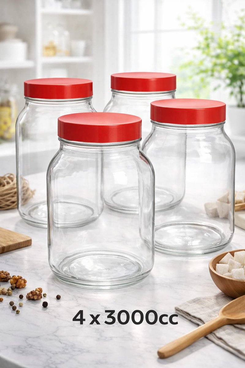 Jar - 3L X 4 - Glass - Plastic Lid - Stylish (3000 ml each) is perfect for storing large quantities of food such as pasta, rice, sugar, coffee, Tomato paste and more.