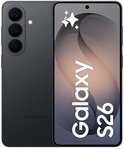Samsung Galaxy S26 in het zwart, met drie camera's op de achterkant en een scherm met 'Galaxy S26' tekst.