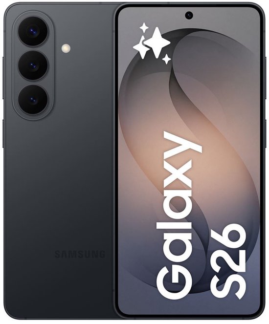 Samsung Galaxy S26 in het zwart, met drie camera's op de achterkant en een scherm met 'Galaxy S26' tekst.