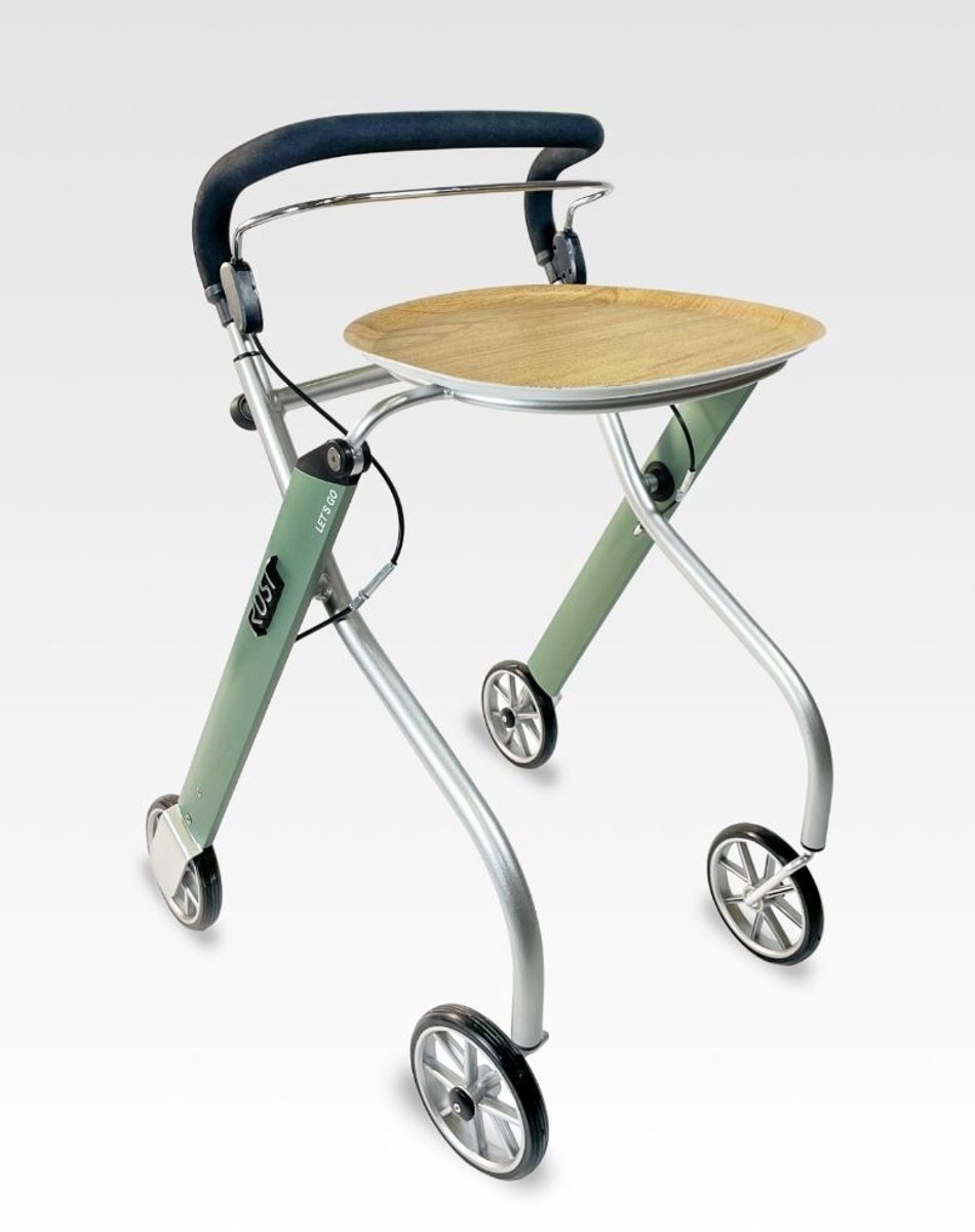 TrustCare Let’s Go Indoor Rollator – Lichtgewicht & Opvouwbaar Design – Met Dienblad & Stoffen Mandje – Wendbaar & Stijlvol – Groen
