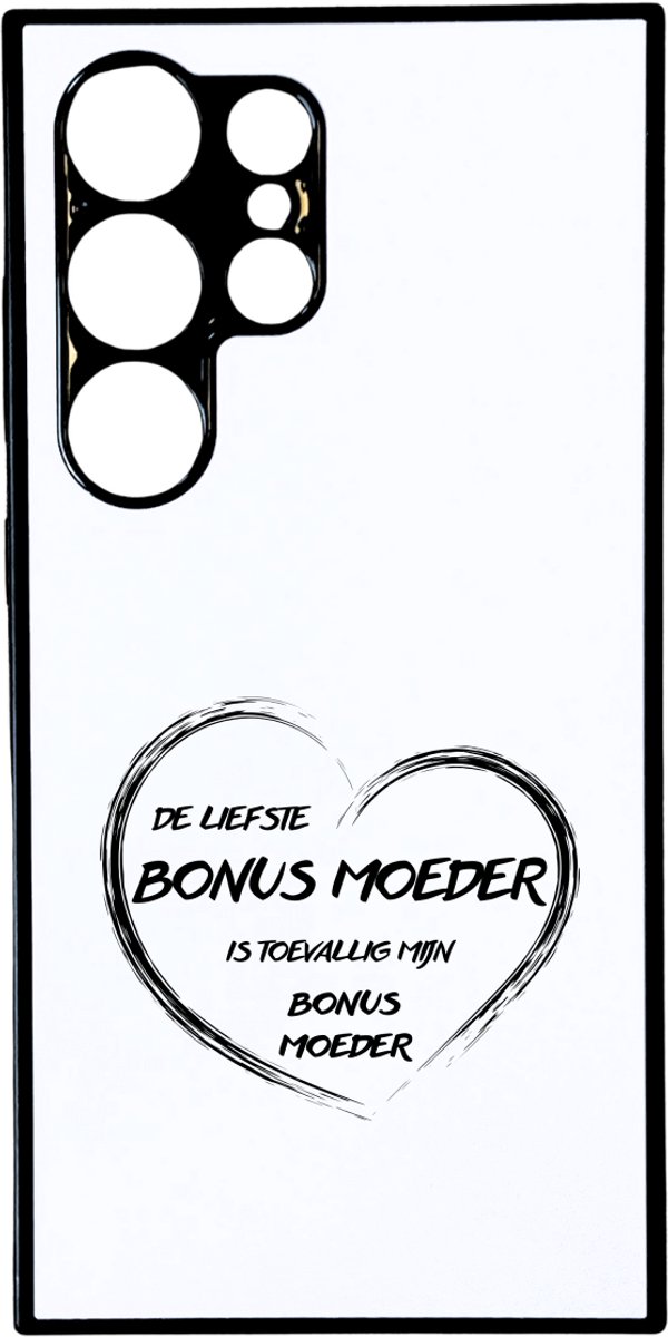 Hacebo® - De liefste bonusmoeder in zwart hart telefoonhoesje - Liefste bonus moeder - telefoonhoesjes - moederdag cadeautje - Cadeau voor mama - Verjaardag - Geschenk - Cadeau - Gift - hoesje geschikt voor Samsung Galaxy S24 Ultra