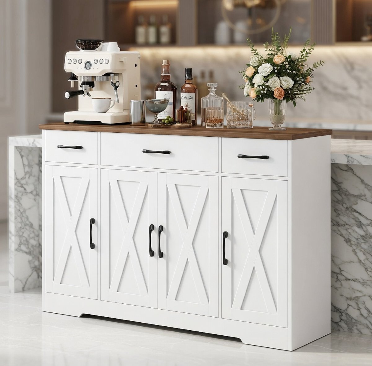 Moderne 140 cm Sideboard met 3 Laden en 4 Deuren – Opbergkast en Dressoir voor Woonkamer, Keuken en Hal – Verstelbare Planken, Grote Werkbank, Wit en Bruin – Novihome