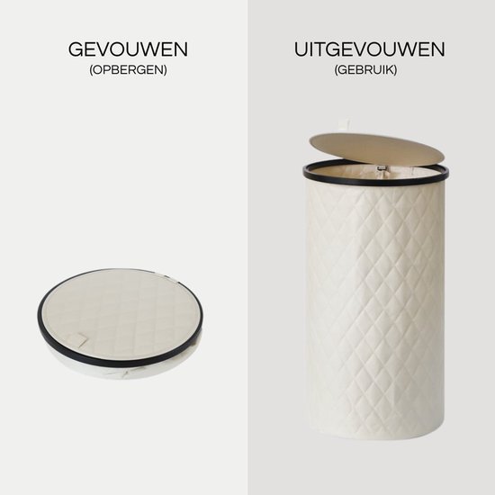 Crèmekleurige MAZAZU wasmand met ruitpatroon, getoond in opgevouwen en uitgevouwen staat.