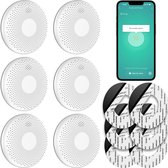 Zes witte ronde melders met perforaties, smartphone met app en montageclips