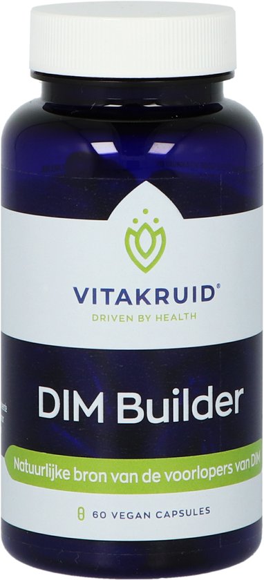 Blauwe kunststof pot met wit schroefdeksel en een wit label met logo en 'DIM Builder'. Bevat 60 vegan capsules.