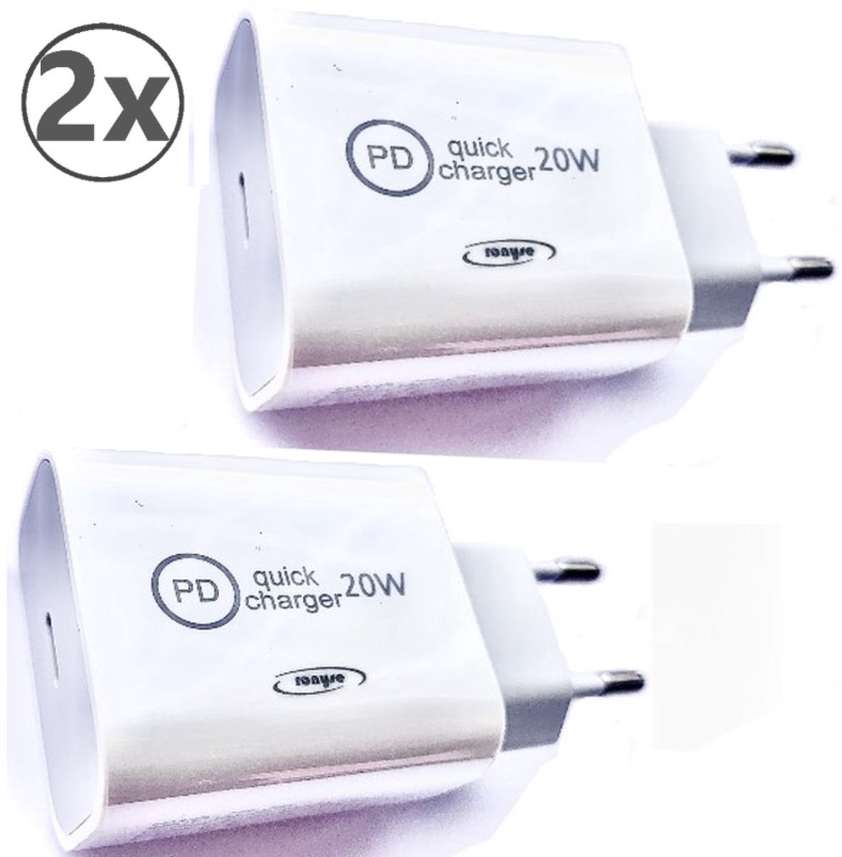 Ronyse® 20W USB C Adapter - 2 Stuks - USB-C Stekker - Snellader - Wit - Universeel - Oplaadblokje