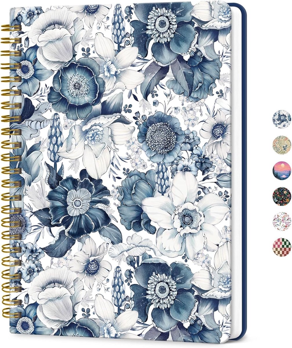 Gevoerd Dagboek - Notitieboek Harde Kaft - Schrijven en Notities - Spiraalbinding Duurzaam - A5 Formaat - Blauw Bloemen