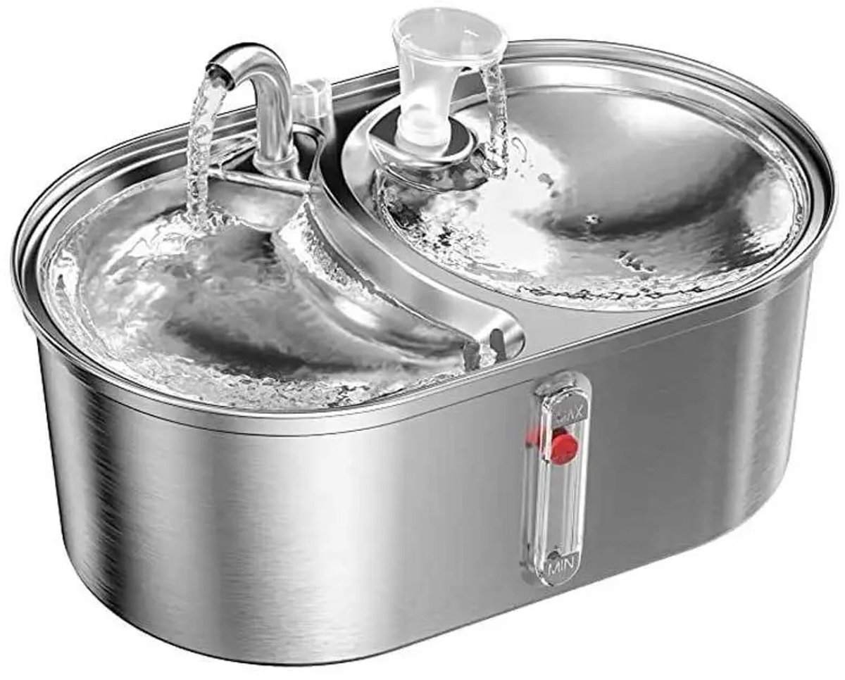 DIMICO - Automatische waterfontein kat - Katten drinkfontein RVS - Waterdispenser- 3.2L - Zilver - Stille pomp - Dubbele drinkzone