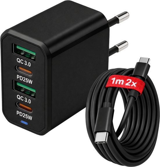 USB-C Snellader 50W 4-Poorts – QC 5.0 USB + PD3.0 USB-C – Inclusief 2x 1M USB-C