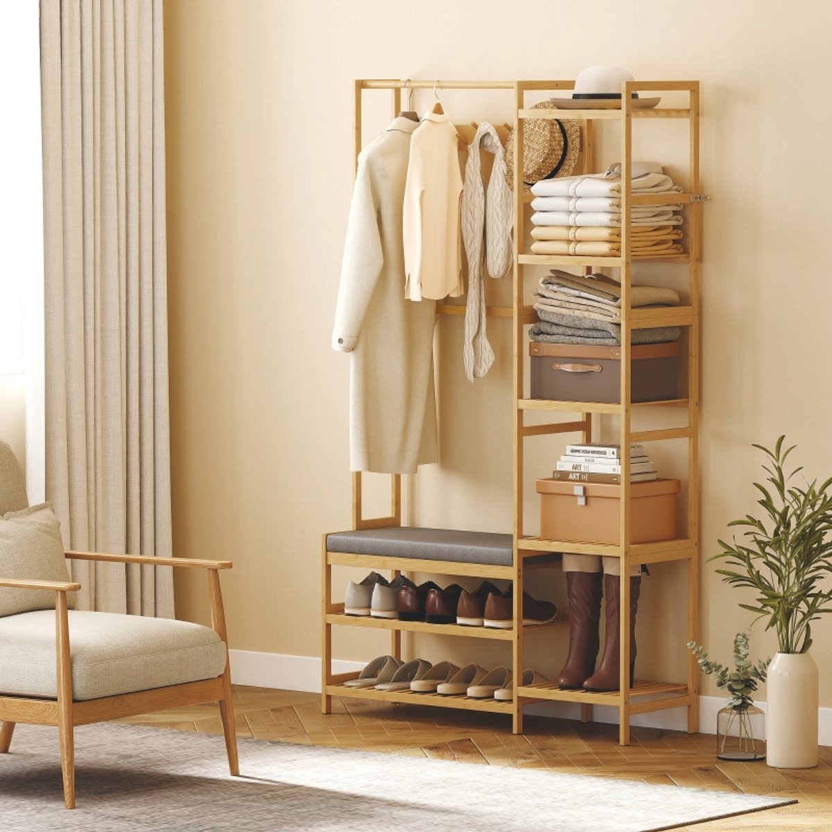 MODFU Luxe 5-in-1 Kapstok met Zitbank - Bamboe Garderoberek met Schoenenrek & 5 Zijplanken - Halmeubel - Naturel – foto 6