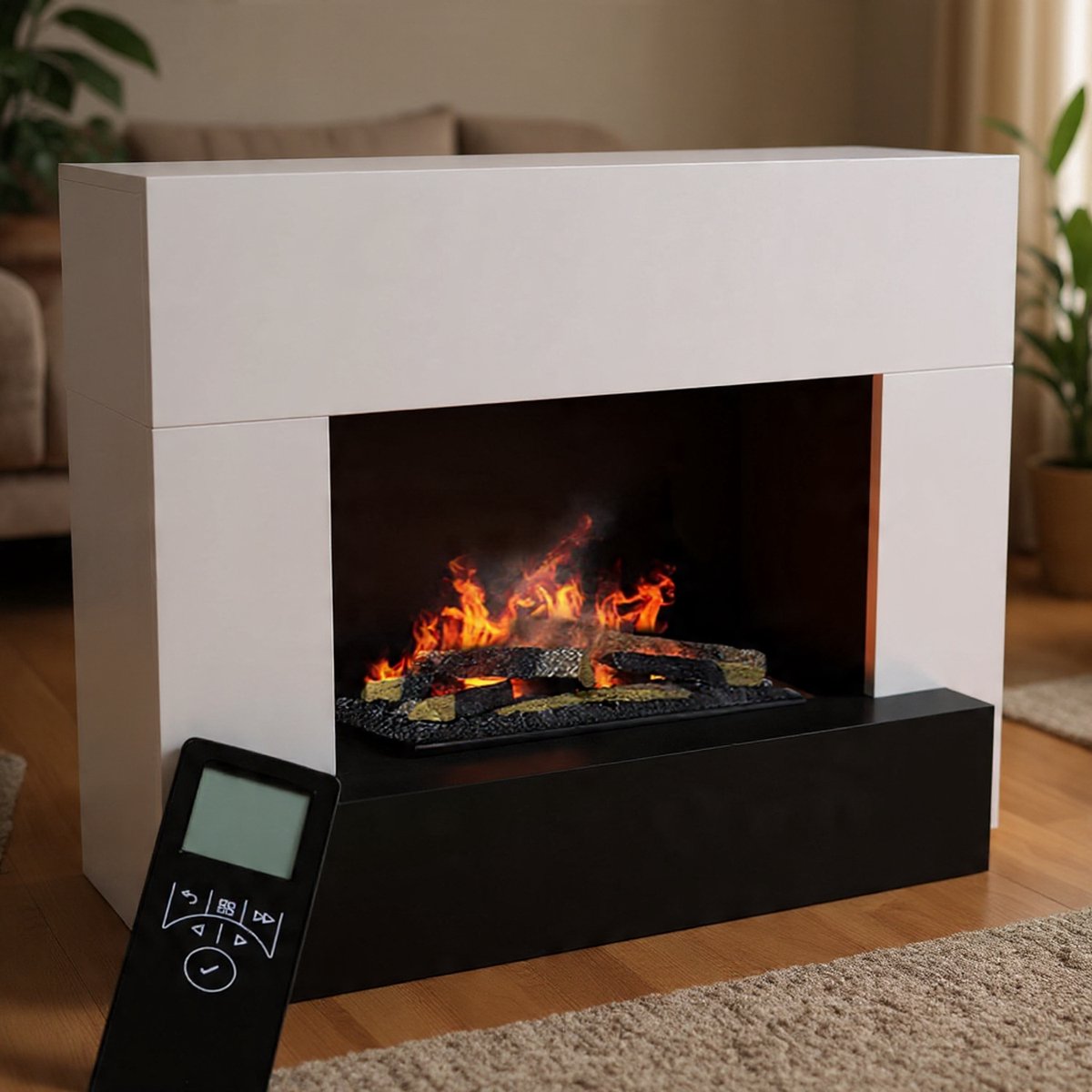 Waterdamp Elektrische Haard 110 x 90 x 45 cm – Vrijstaande Sfeerhaard met 3D LED Vlammen & Knisperend Geluid – Opti-Myst Technologie – Luchtbevochtiger – Afstandsbediening – Modern Wit – Arqam