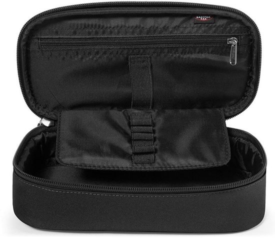 Zwart etui open met ritsvak, elastische lussen en open vak.