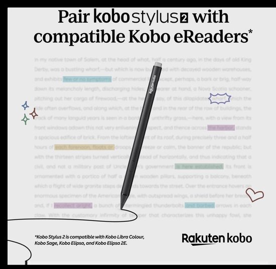 Kobo Stylus 2 Pen voor eReader - Zwart - Oplaadbaar - Markeerknop - Gum