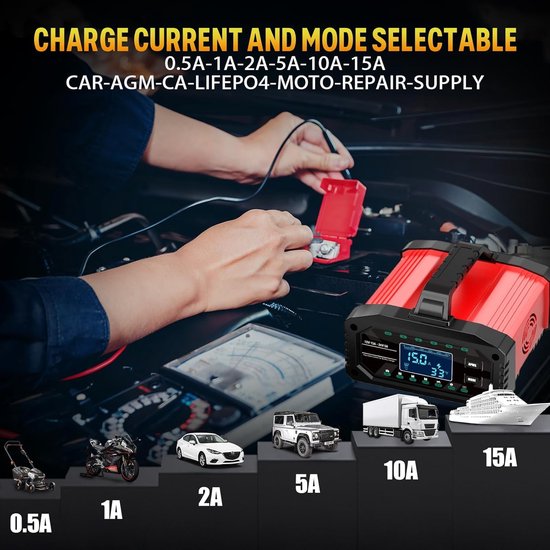 LiFePO4 Autoacculader 12V 10A - Intelligente Onderhoudslader Met Activeringsfunctie