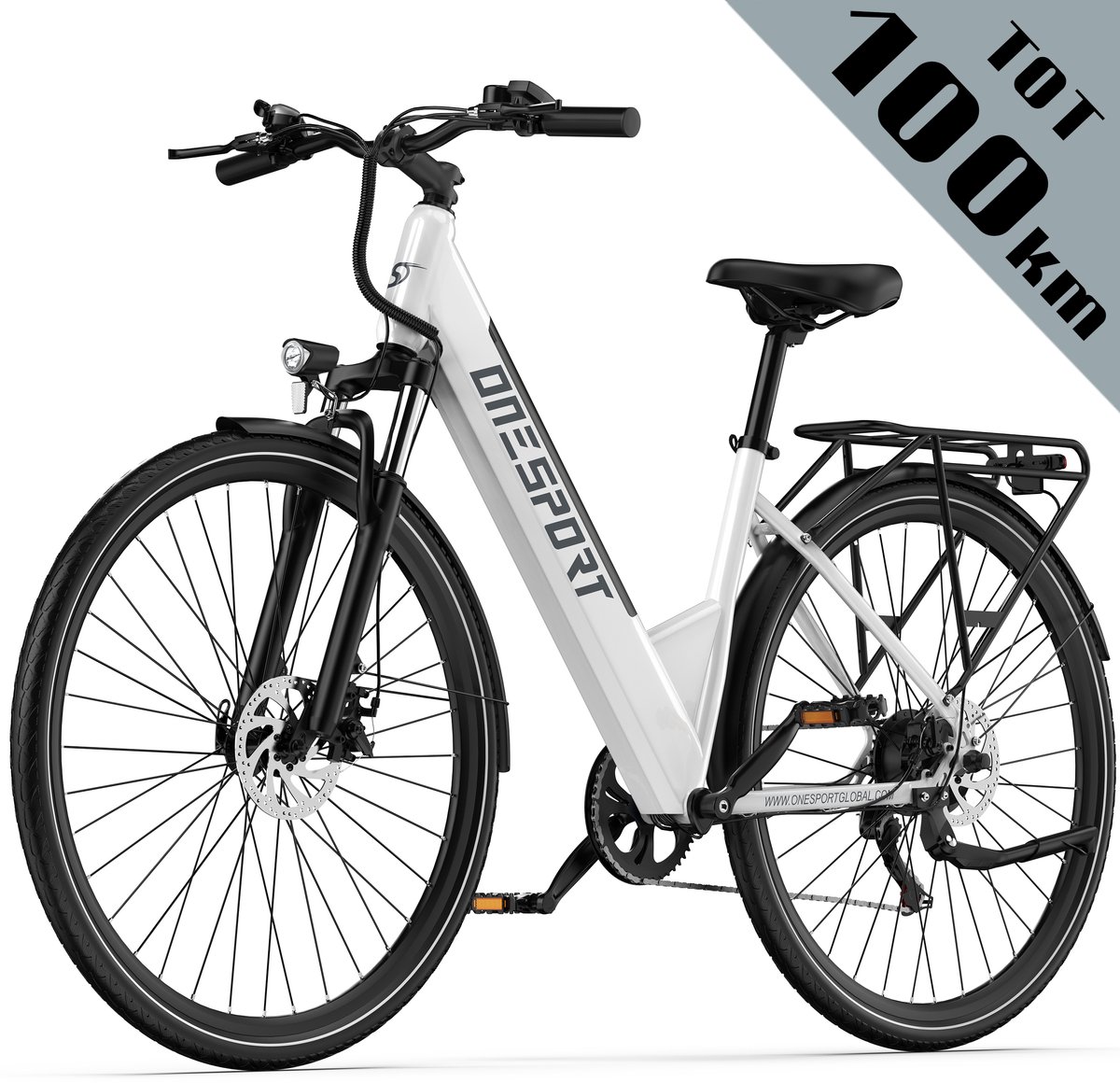 OneSport – Elektrische Stadfiets met 468Wh Accu – Max.100 km Actieradius – Shimano 7 Versnellingen – Hydraulische Vering & Schijfremmen – Wit