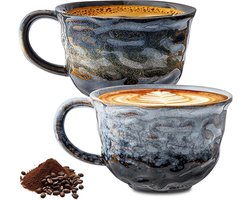 Cappuccinokopjes Set - Keramiek Koffiekopjes - Warme Dranken - Handgemaakt Uniek Design - 260 ml - Marmergrijs Sterrenpatroon