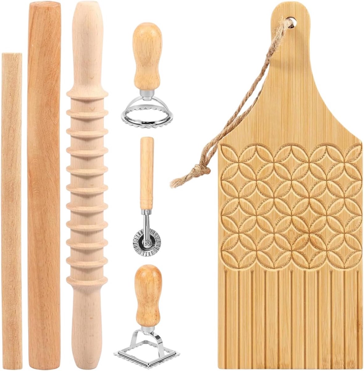 Ravioli Snijder - Deegwiel Set - Pasta Maken - Voedselveilig Hout - 7 Delige Kit