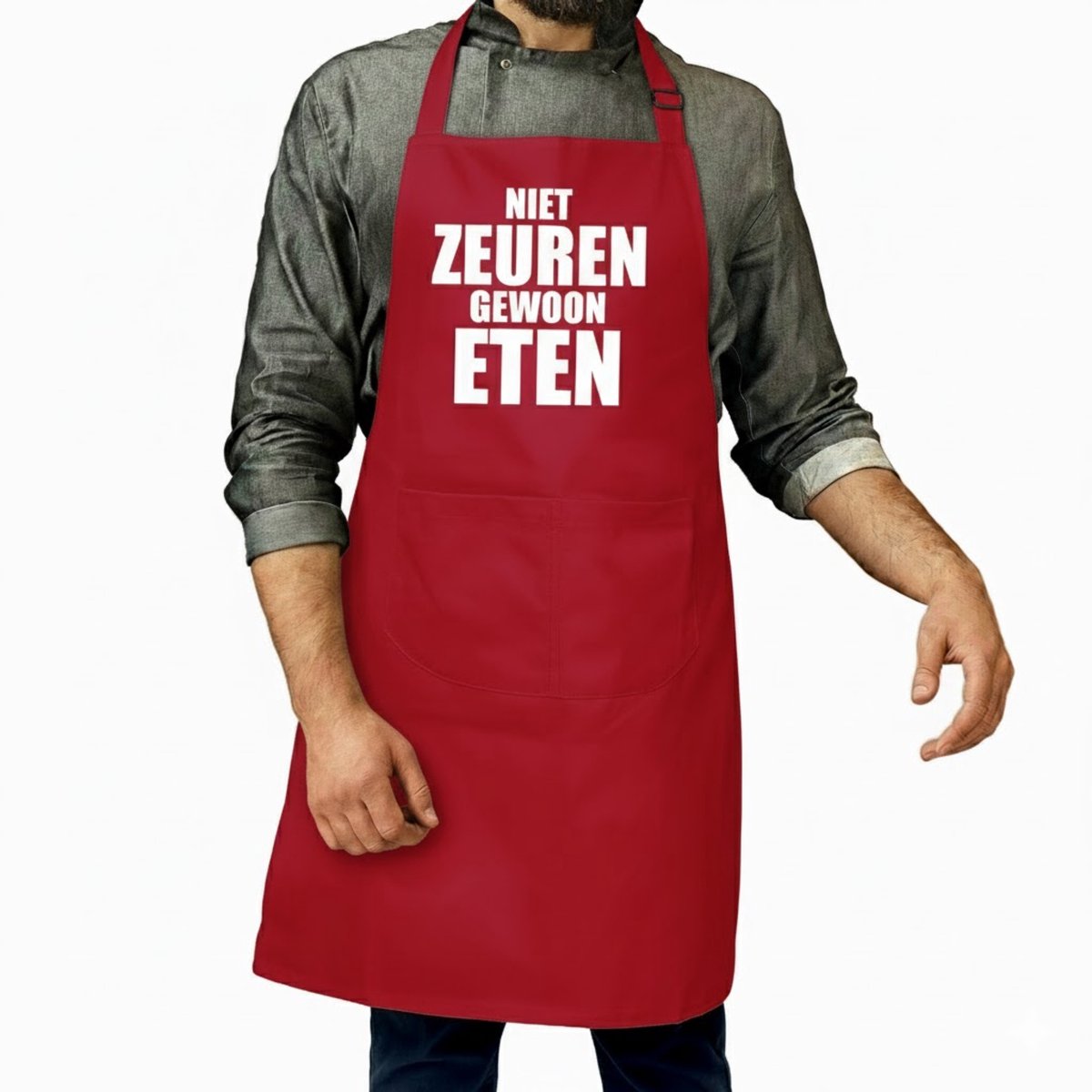 Keukenschort - BBQ - Niet zeuren gewoon eten - volwassenen - rood - cadeau - Moeder / Vaderdag