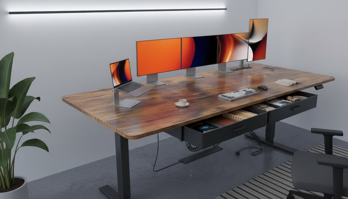 Electric Desk 200x80 cm – Casa Velluto PowerLift Max met Stopcontact & USB-C, Zit Sta Bureau Elektrisch met 2 Laden en Geheugenfunctie – Vintage Bruin
