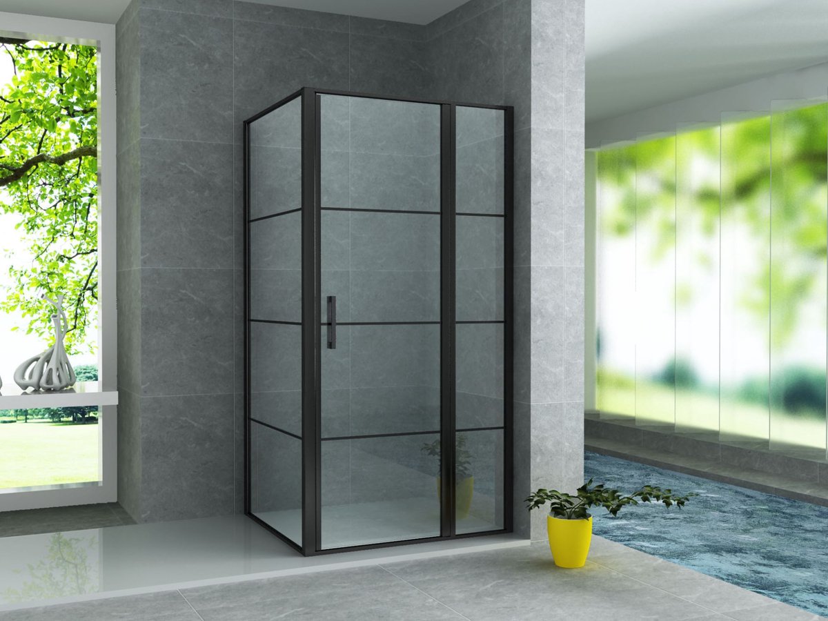 SaniGate Douchecabine 90x140x200 cm – Draaideur & Zijwand – Mat Zwart – Helder Glas met Zwart Raster – Industriële Douchecabine