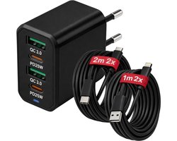 USB-C Snellader 50W 4-Poorts – QC 5.0 USB + PD3.0 USB-C – Inclusief 2x 2M USB-C + 2x 1M Lightning Kabel – Geschikt voor iPhone & Samsung – Zwart