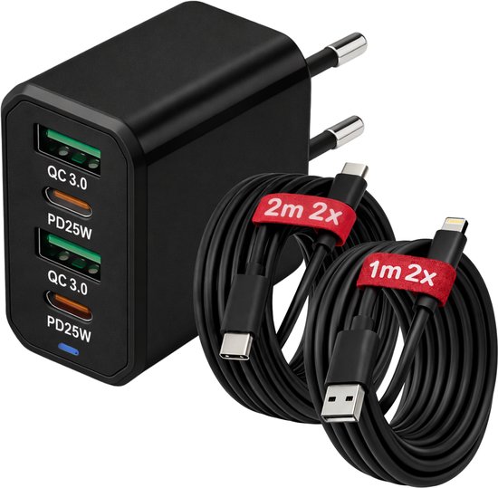 USB-C Snellader 50W 4-Poorts – QC 5.0 USB + PD3.0 USB-C – Inclusief 2x 2M USB-C + 2x 1M Lightning Kabel – Geschikt voor iPhone & Samsung – Zwart