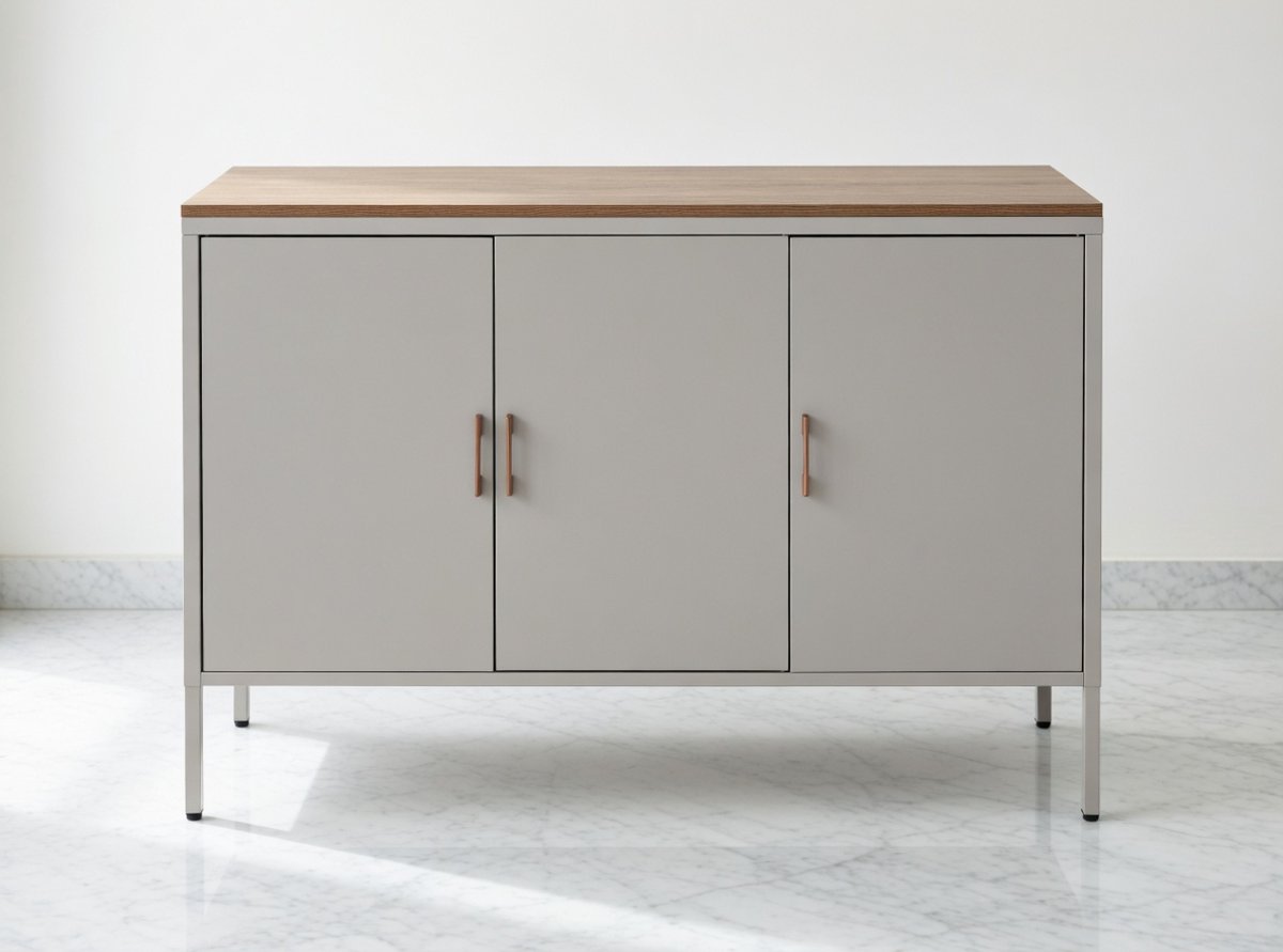 Modern Dressoir Commode – 3-Deurs Opbergkast van Metaal en MDF met Verstelbare Legplanken – Grijs, 120x40x90 cm – Stijlvolle Kast voor Woonkamer, Slaapkamer of Hal Novihome