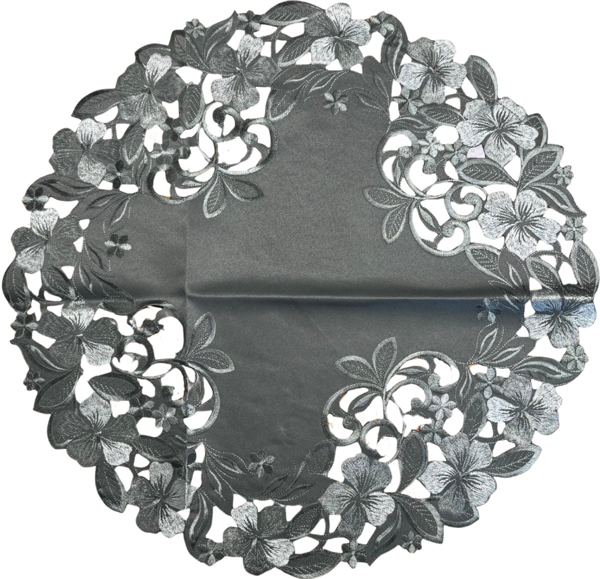 Tafelkleed – Olijfgroen met geborduurde bloemen – rond 60 cm